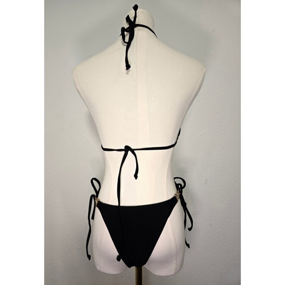 Black Gold Chain Detail 2 Piece String Bikini Triangle Top Tie Sides Size Small - Picture 3 of 5